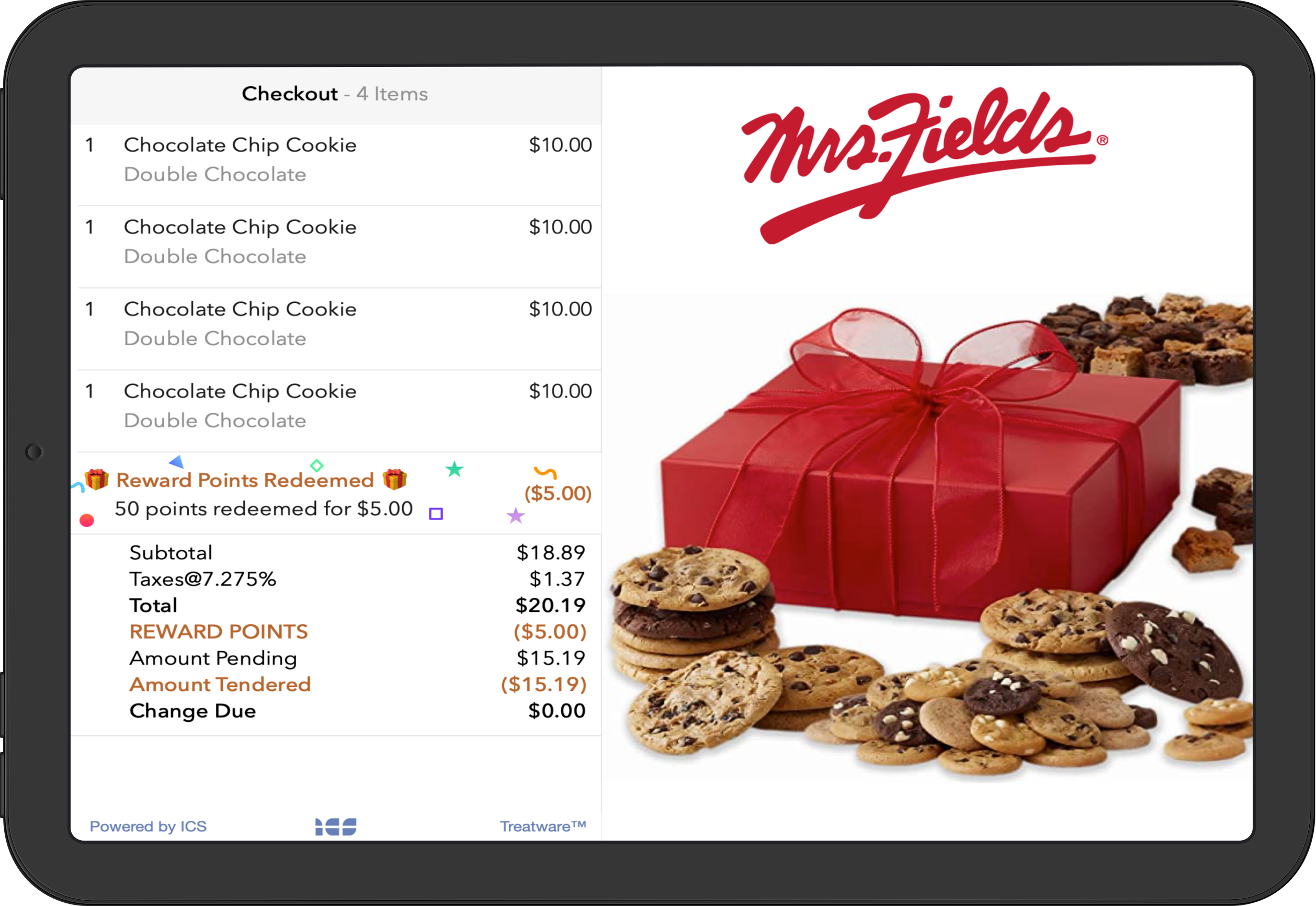 Treatware POS configured for Mrs. Fields with branded menu tiles and order ticket